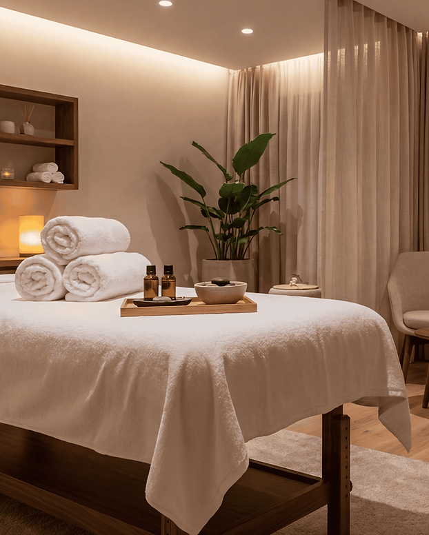Warm spa interior with treatment beds